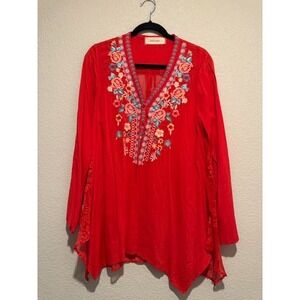 Sweet Jane Red Embroidered Tunic Top Boho Floral V-Neck Long Sleeve sz M 2071